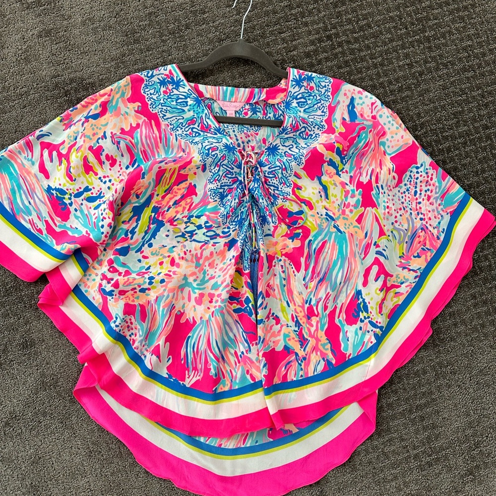 Lilly Pulitzer silk coral Kaftan Poncho Blouse S/M small medium tunic top shirt